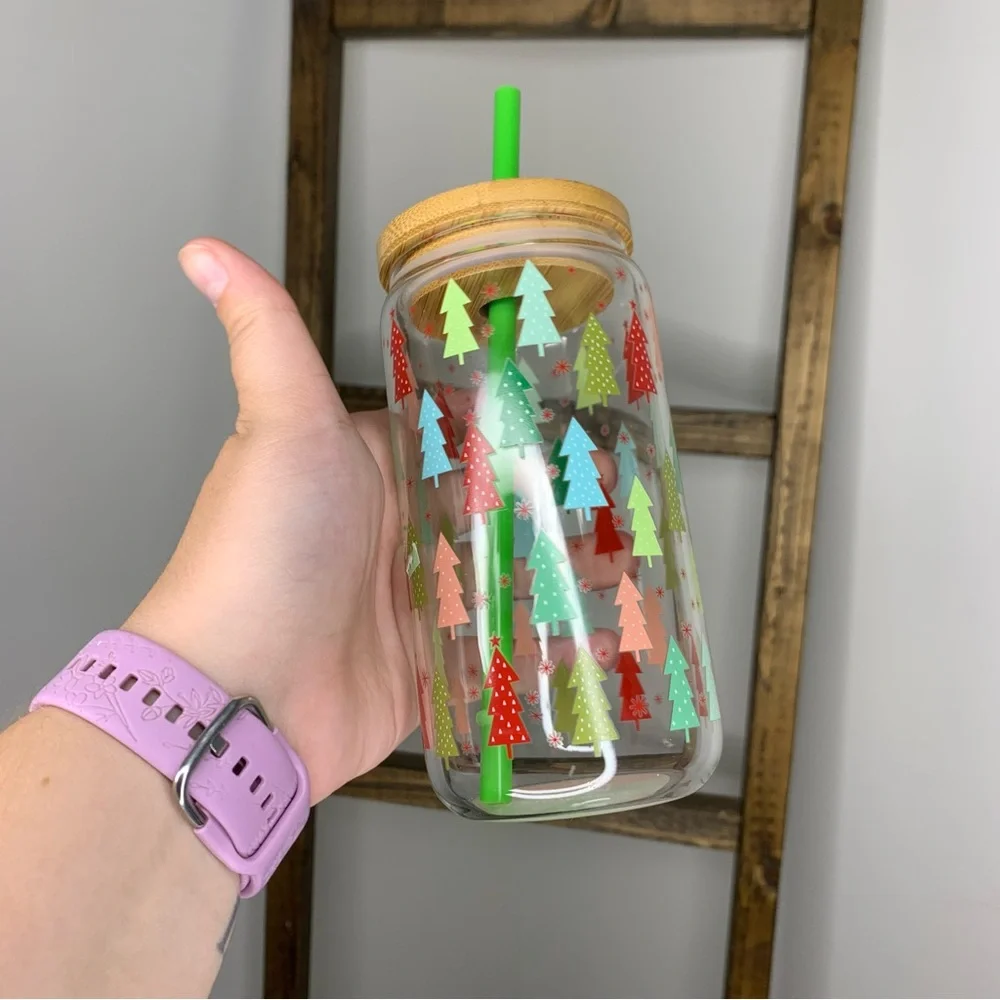 Hobby Lobby Festive Tree Glass Tumbler with Bamboo Lid and Green Straw